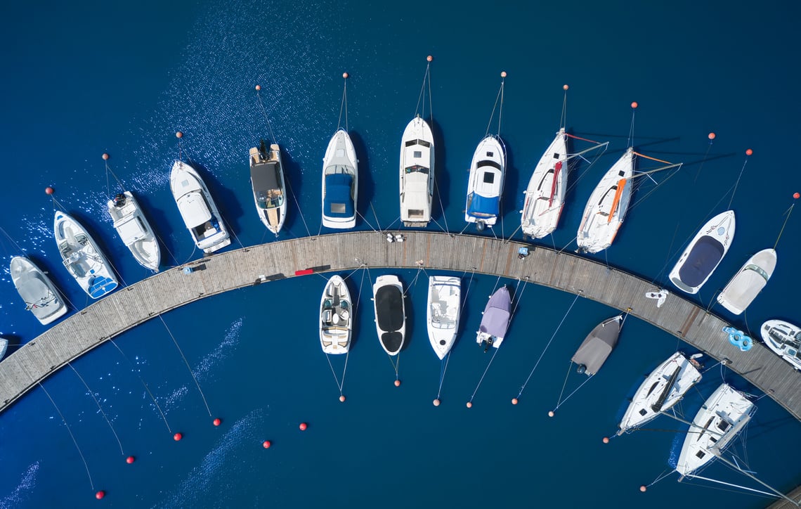 Aerial View by Drone of Yacht Club and Marina. Top view of yacht club.