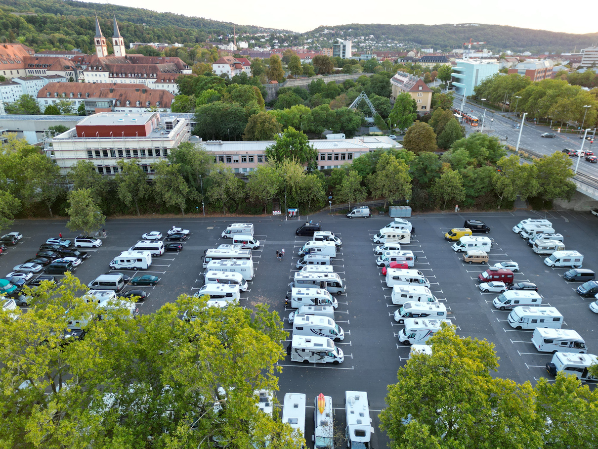 Motorhome parking Wuzburg city Germany drone aerial view